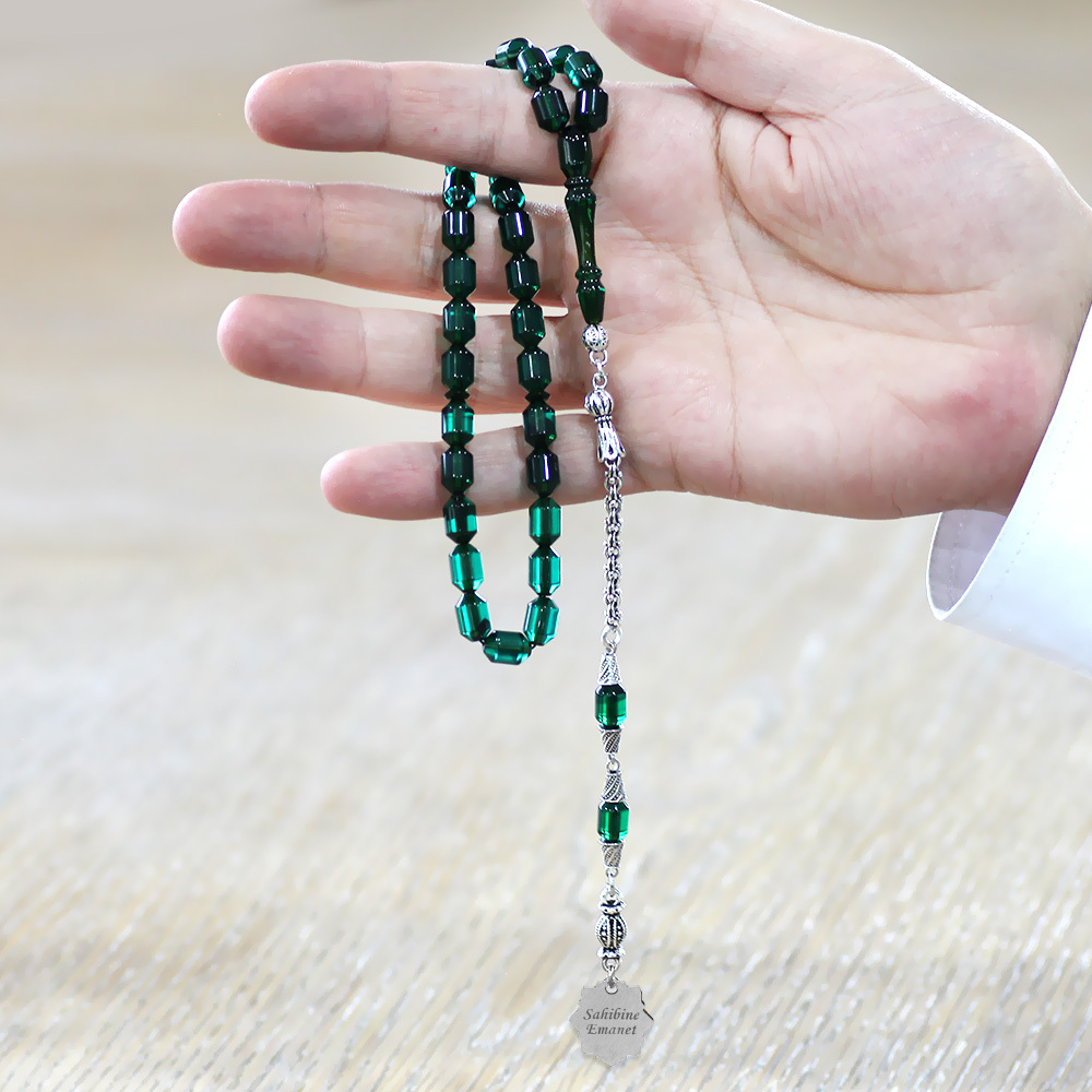 Kararmaz Metal Püsküllü Elmas Kesim İsim Yazılı Nazar Ayeti Plakalı Yeşil Siyah Ateş Kehribar Tesbih - 2