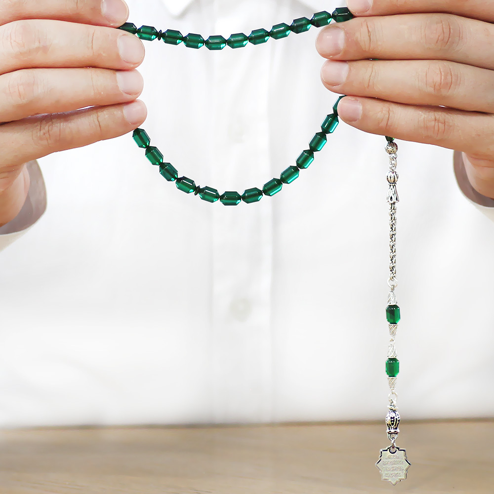 Kararmaz Metal Püsküllü Elmas Kesim İsim Yazılı Nazar Ayeti Plakalı Yeşil Siyah Ateş Kehribar Tesbih - 3