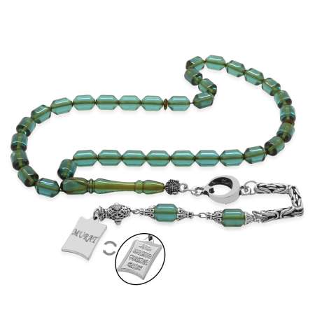 Kararmaz Metal Püsküllü Uçlu Kapsül İsim Yazılı Nazar Ayeti Plakalı Su Mavi Ateş Kehribar Tesbih - Tesbihane