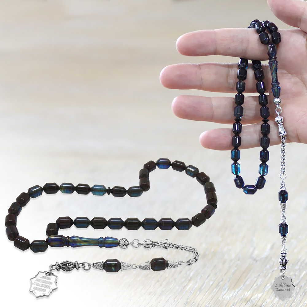 Kararmaz Metal Püskül Elmas Kesim İsim Yazılı Nazar Ayeti Plakalı Turkuaz Siyah Ateş Kehribar Tesbih - 1