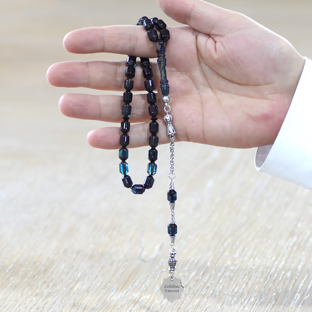 Kararmaz Metal Püskül Elmas Kesim İsim Yazılı Nazar Ayeti Plakalı Turkuaz Siyah Ateş Kehribar Tesbih - 2