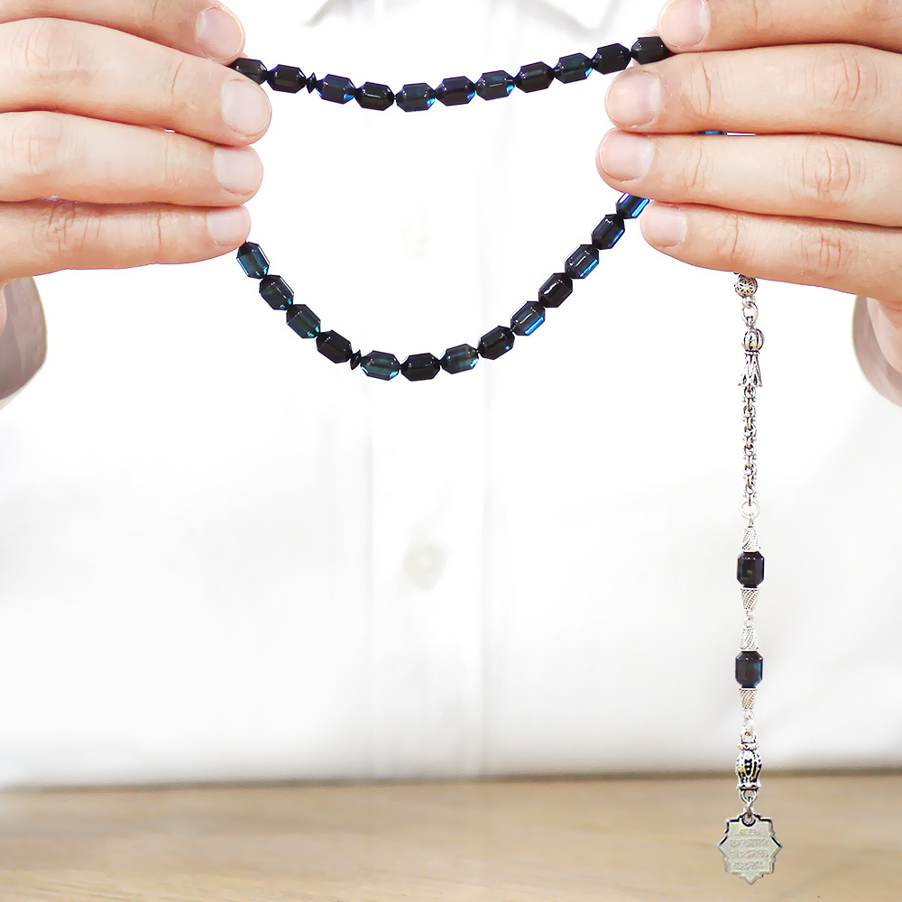 Kararmaz Metal Püskül Elmas Kesim İsim Yazılı Nazar Ayeti Plakalı Turkuaz Siyah Ateş Kehribar Tesbih - 3