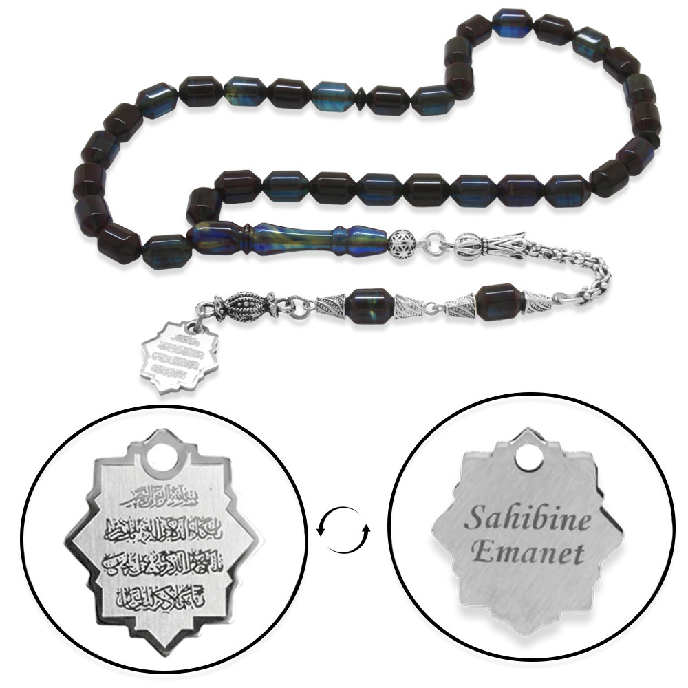 Kararmaz Metal Püskül Elmas Kesim İsim Yazılı Nazar Ayeti Plakalı Turkuaz Siyah Ateş Kehribar Tesbih - 4