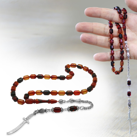 Kararmaz Metal Püsküllü Elmas Kesim İsim Yazılı Zülfikar Plakalı Bala Siyah Ateş Kehribar Tesbih - Tesbihane