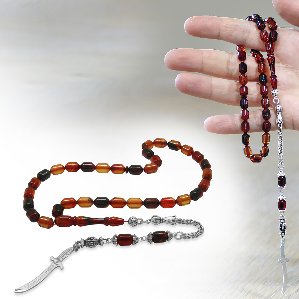 Kararmaz Metal Püsküllü Elmas Kesim İsim Yazılı Zülfikar Plakalı Bala Siyah Ateş Kehribar Tesbih - 1