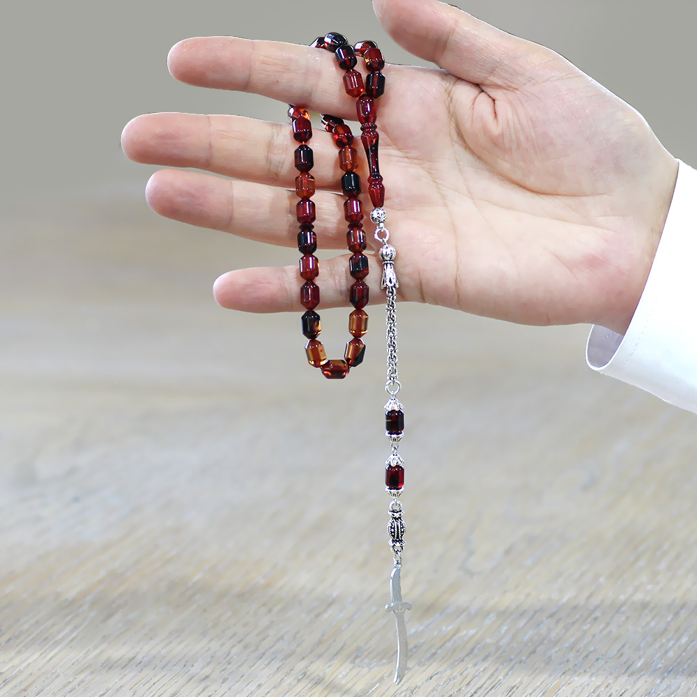 Kararmaz Metal Püsküllü Elmas Kesim İsim Yazılı Zülfikar Plakalı Bala Siyah Ateş Kehribar Tesbih - 2