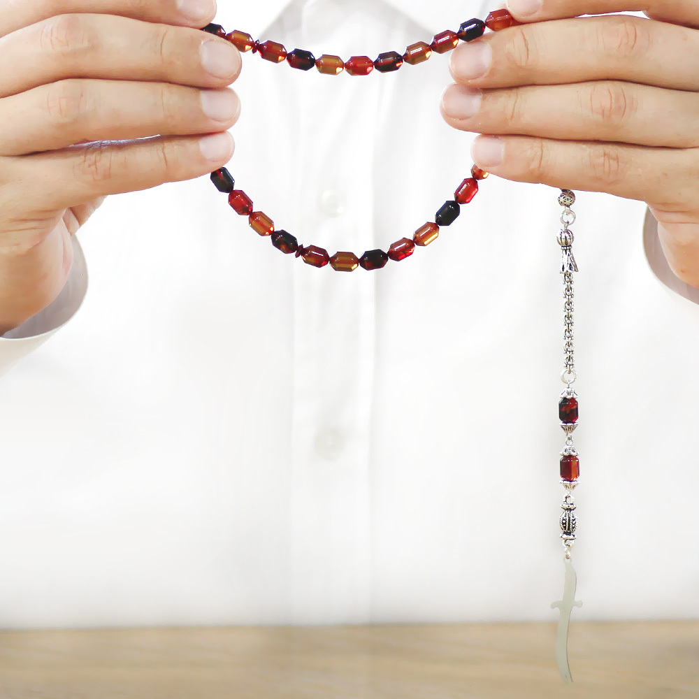 Kararmaz Metal Püsküllü Elmas Kesim İsim Yazılı Zülfikar Plakalı Bala Siyah Ateş Kehribar Tesbih - 3