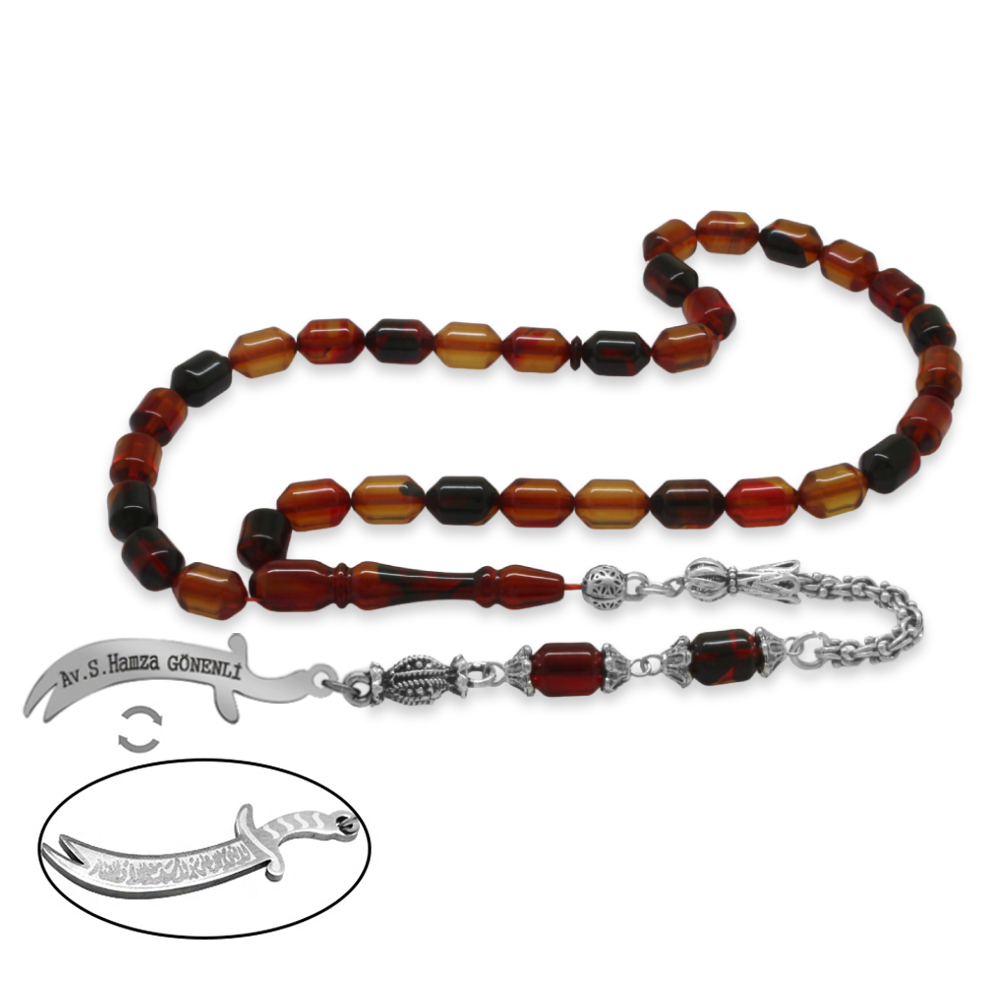 Kararmaz Metal Püsküllü Elmas Kesim İsim Yazılı Zülfikar Plakalı Bala Siyah Ateş Kehribar Tesbih - 4