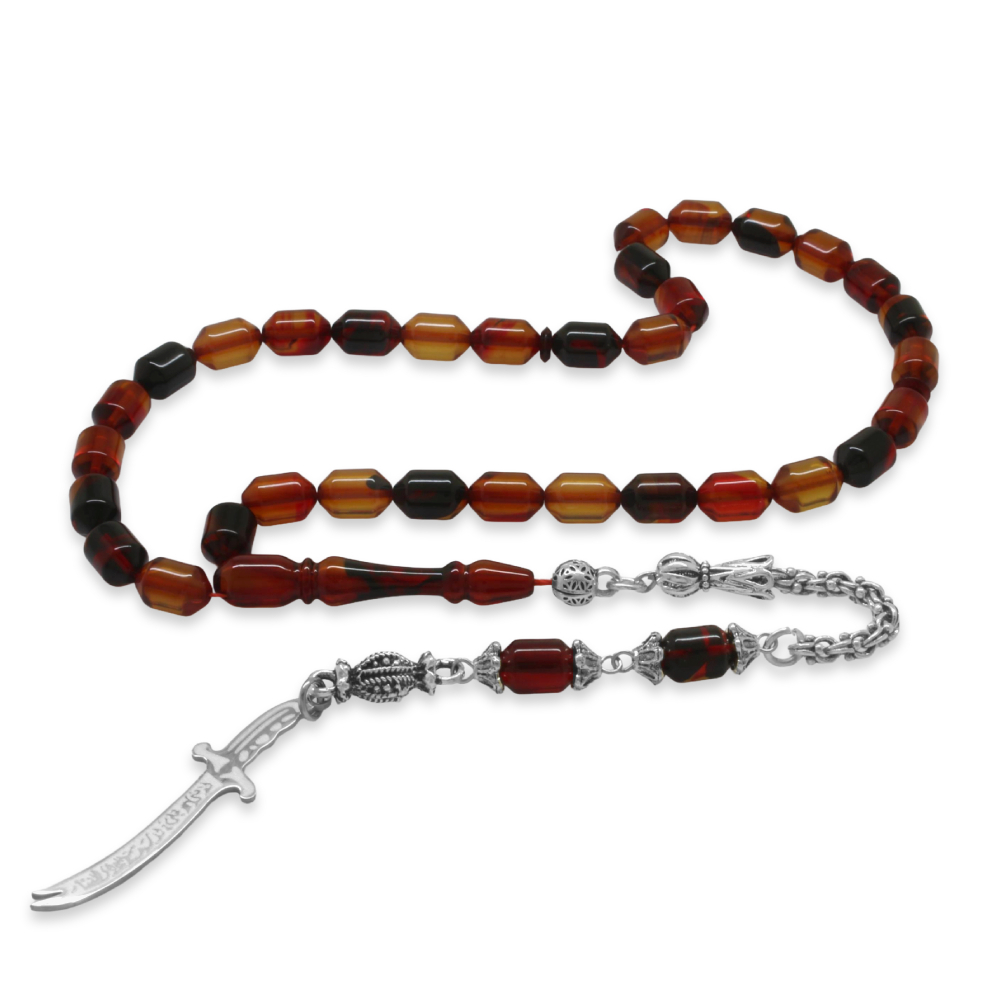 Kararmaz Metal Püsküllü Elmas Kesim İsim Yazılı Zülfikar Plakalı Bala Siyah Ateş Kehribar Tesbih - 6