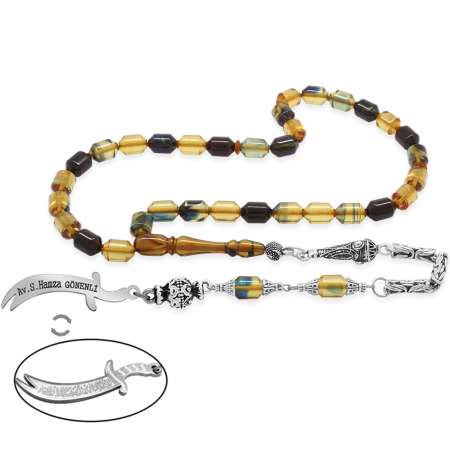 Kararmaz Metal Püsküllü Uçlu Kapsül İsim Yazılı Zülfikar Plakalı Mavi Beyaz Ateş Kehribar Tesbih - Tesbihane