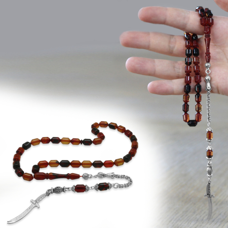 Kararmaz Metal Püsküllü Elmas Kesim İsim Yazılı Zülfikar Plakalı Sarı Siyah Ateş Kehribar Tesbih - Tesbihane