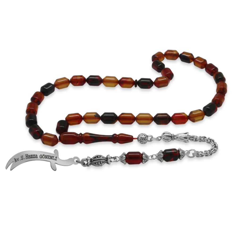 Kararmaz Metal Püsküllü Elmas Kesim İsim Yazılı Zülfikar Plakalı Sarı Siyah Ateş Kehribar Tesbih - 6