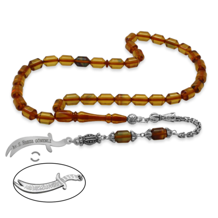 Kararmaz Metal Püsküllü Elmas Kesim İsim Yazılı Zülfikar Plakalı Şeffaf Bonibon Ateş Kehribar Tesbih - Tesbihane