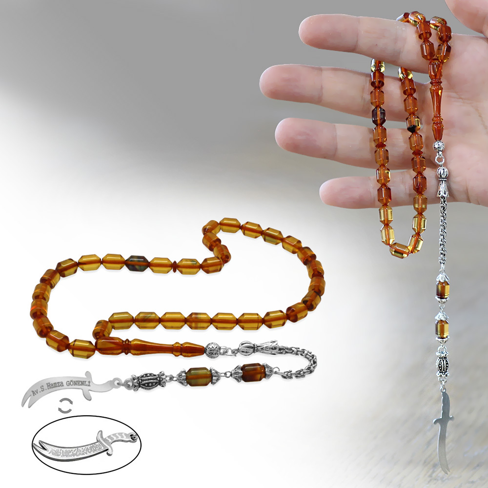 Kararmaz Metal Püsküllü Elmas Kesim İsim Yazılı Zülfikar Plakalı Şeffaf Bonibon Ateş Kehribar Tesbih - 1