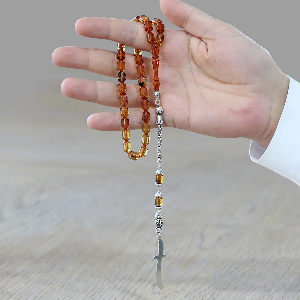 Kararmaz Metal Püsküllü Elmas Kesim İsim Yazılı Zülfikar Plakalı Şeffaf Bonibon Ateş Kehribar Tesbih - 2