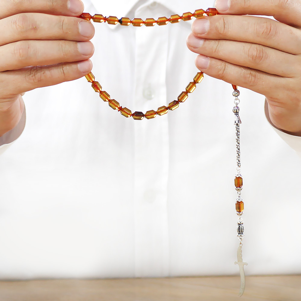 Kararmaz Metal Püsküllü Elmas Kesim İsim Yazılı Zülfikar Plakalı Şeffaf Bonibon Ateş Kehribar Tesbih - 3