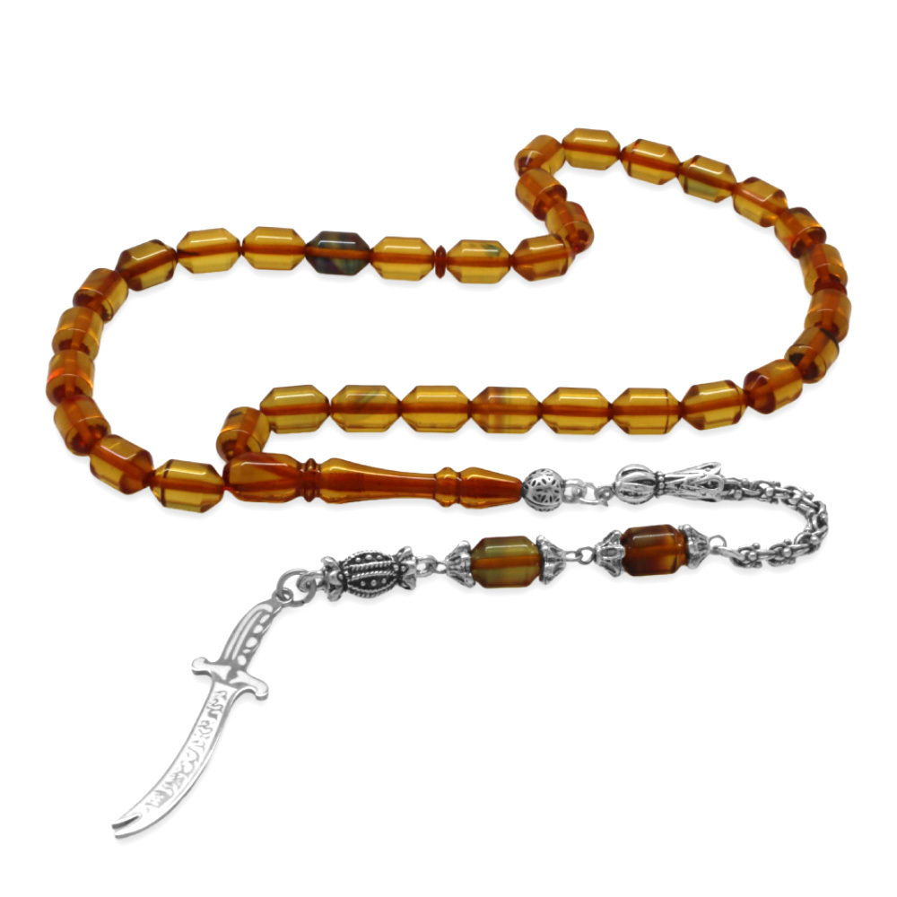 Kararmaz Metal Püsküllü Elmas Kesim İsim Yazılı Zülfikar Plakalı Şeffaf Bonibon Ateş Kehribar Tesbih - 5