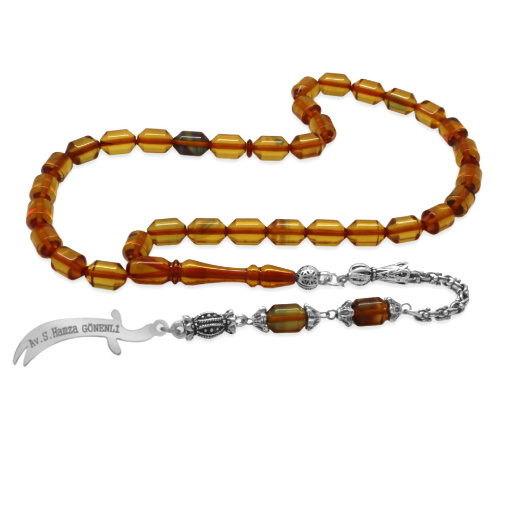 Kararmaz Metal Püsküllü Elmas Kesim İsim Yazılı Zülfikar Plakalı Şeffaf Bonibon Ateş Kehribar Tesbih - 6