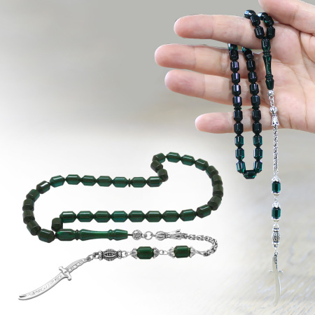 Kararmaz Metal Püsküllü Elmas Kesim İsim Yazılı Zülfikar Plakalı Şeffaf Turkuaz Ateş Kehribar Tesbih - Tesbihane