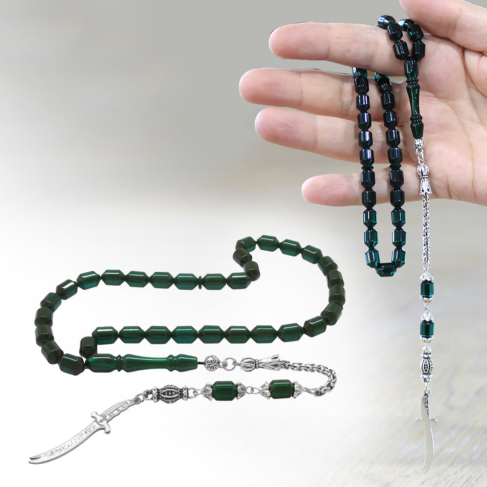 Kararmaz Metal Püsküllü Elmas Kesim İsim Yazılı Zülfikar Plakalı Şeffaf Turkuaz Ateş Kehribar Tesbih - 1