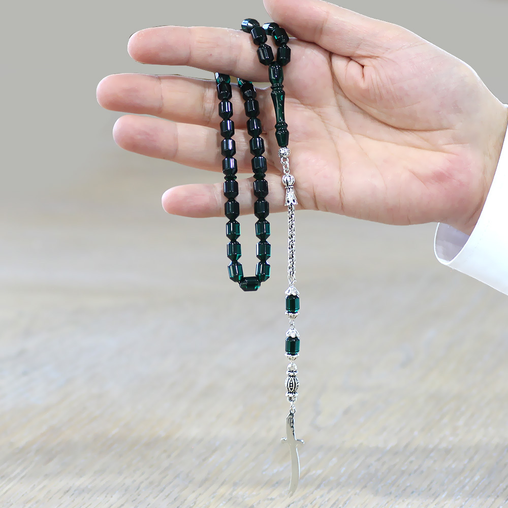 Kararmaz Metal Püsküllü Elmas Kesim İsim Yazılı Zülfikar Plakalı Şeffaf Turkuaz Ateş Kehribar Tesbih - 2