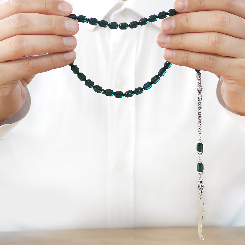 Kararmaz Metal Püsküllü Elmas Kesim İsim Yazılı Zülfikar Plakalı Şeffaf Turkuaz Ateş Kehribar Tesbih - 3