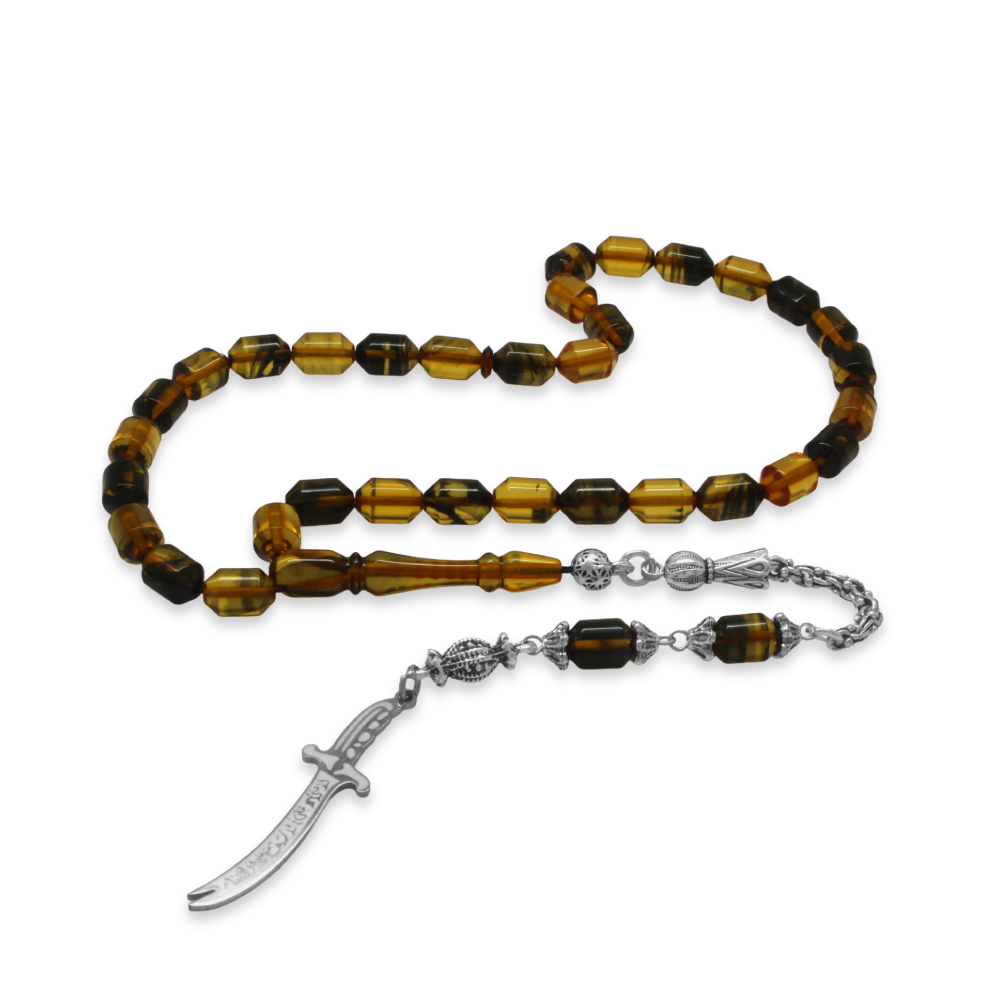 Kararmaz Metal Püsküllü Elmas Kesim İsim Yazılı Zülfikar Plakalı Siyah Beyaz Ateş Kehribar Tesbih - 5