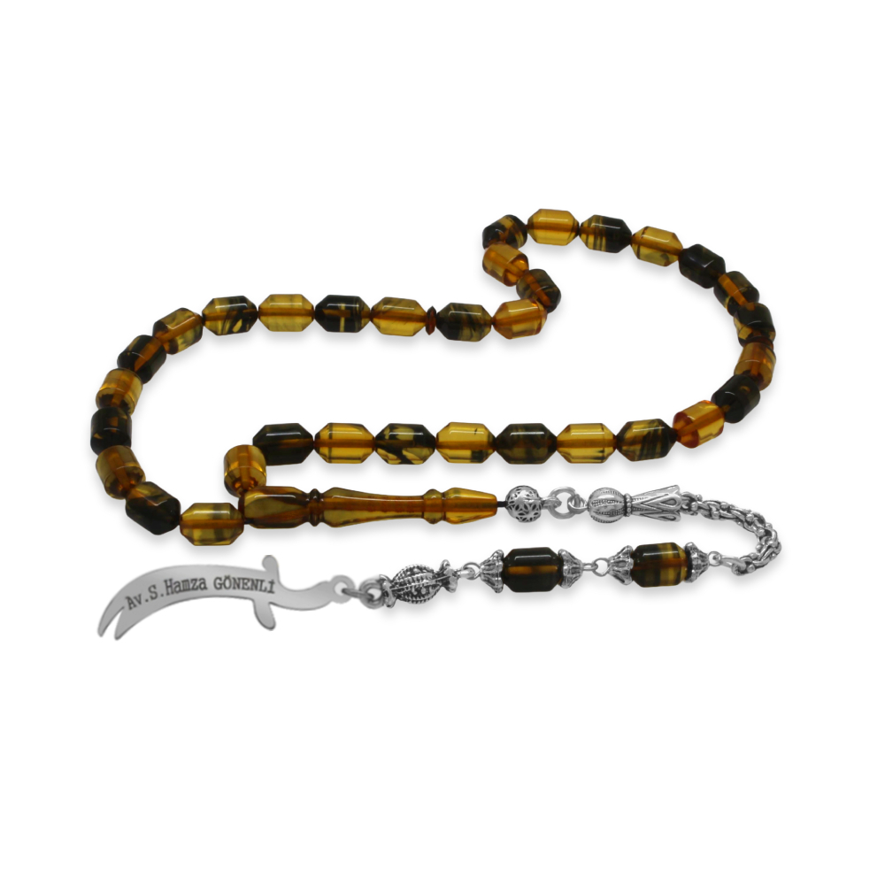 Kararmaz Metal Püsküllü Elmas Kesim İsim Yazılı Zülfikar Plakalı Siyah Beyaz Ateş Kehribar Tesbih - 6