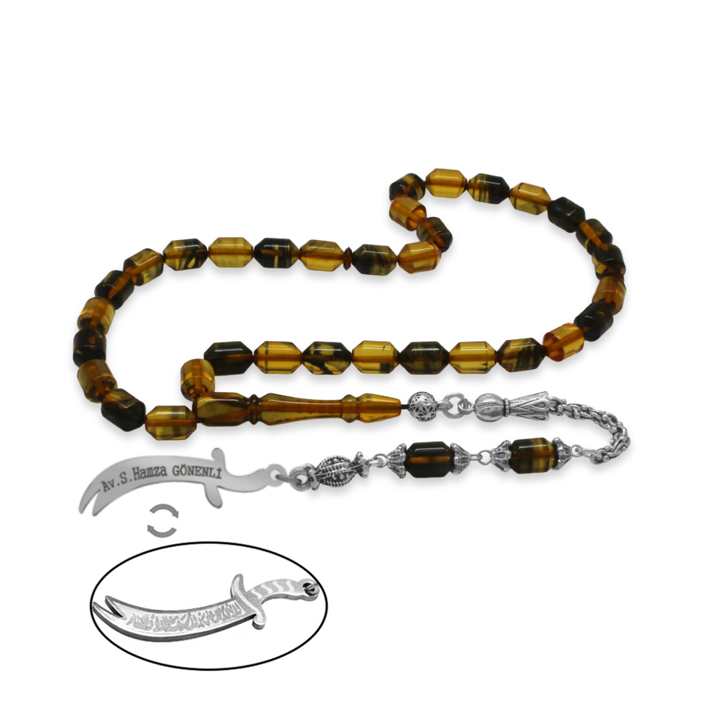 Kararmaz Metal Püsküllü Elmas Kesim İsim Yazılı Zülfikar Plakalı Siyah Beyaz Ateş Kehribar Tesbih - 4