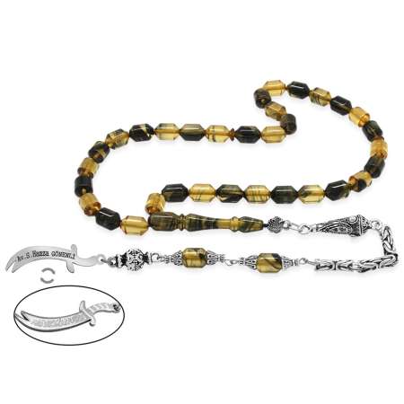 Kararmaz Metal Püsküllü Uçlu Kapsül İsim Yazılı Zülfikar Plakalı Siyah Beyaz Ateş Kehribar Tesbih - Tesbihane