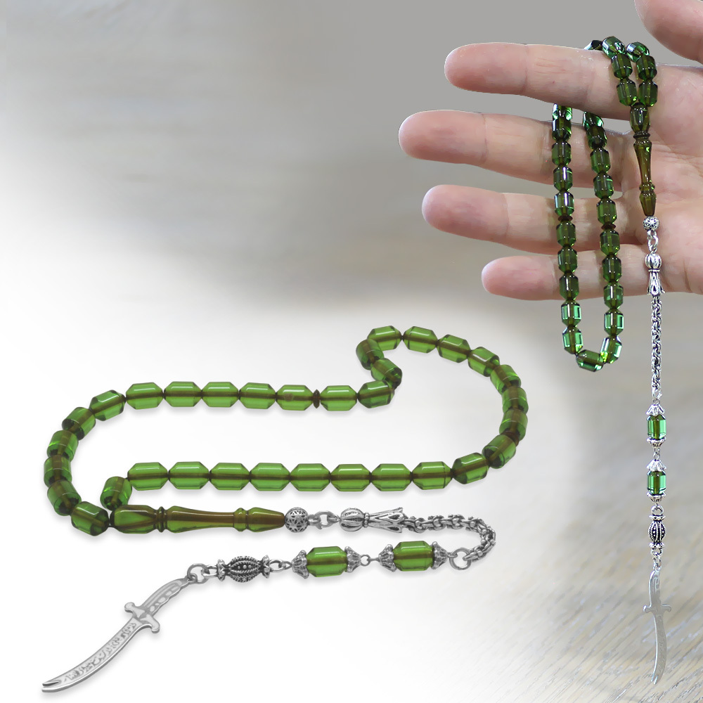 Kararmaz Metal Püsküllü Elmas Kesim İsim Yazılı Zülfikar Plakalı Su Yeşil Ateş Kehribar Tesbih - 1