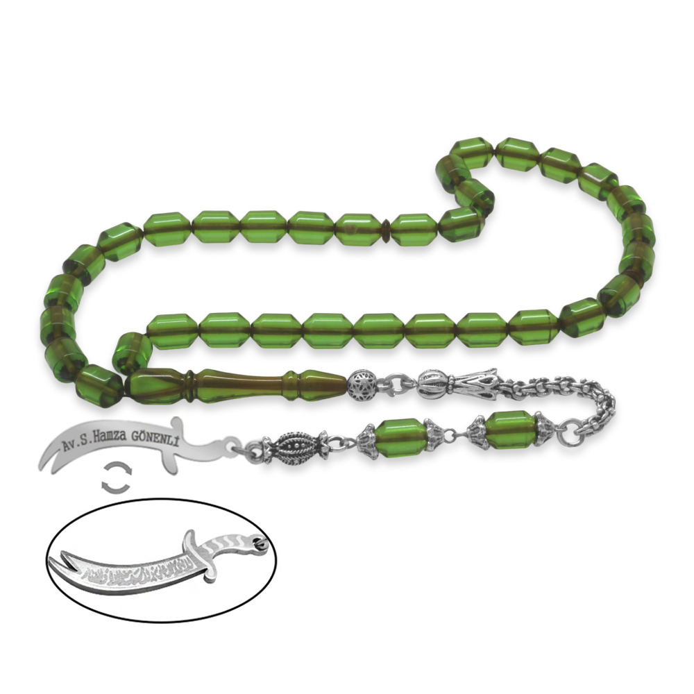 Kararmaz Metal Püsküllü Elmas Kesim İsim Yazılı Zülfikar Plakalı Su Yeşil Ateş Kehribar Tesbih - 4