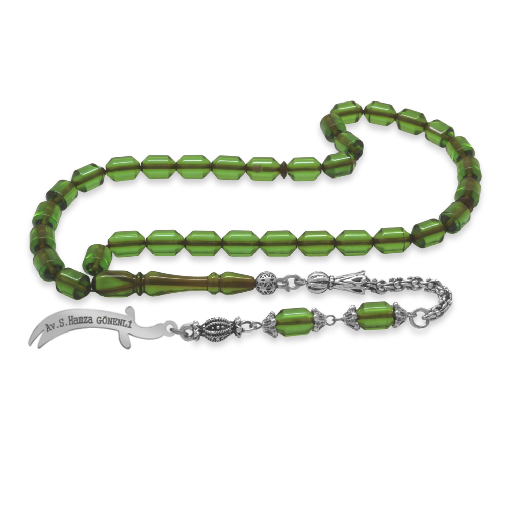 Kararmaz Metal Püsküllü Elmas Kesim İsim Yazılı Zülfikar Plakalı Su Yeşil Ateş Kehribar Tesbih - 5