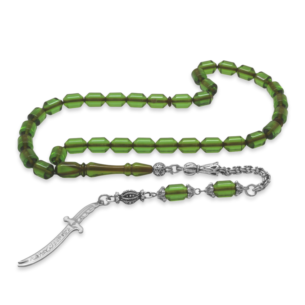 Kararmaz Metal Püsküllü Elmas Kesim İsim Yazılı Zülfikar Plakalı Su Yeşil Ateş Kehribar Tesbih - 6