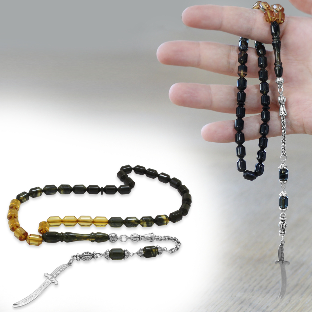 Kararmaz Metal Püskül Elmas Kesim İsim Yazılı Zülfikar Plaka Süzme Siyah Beyaz Ateş Kehribar Tesbih - 1