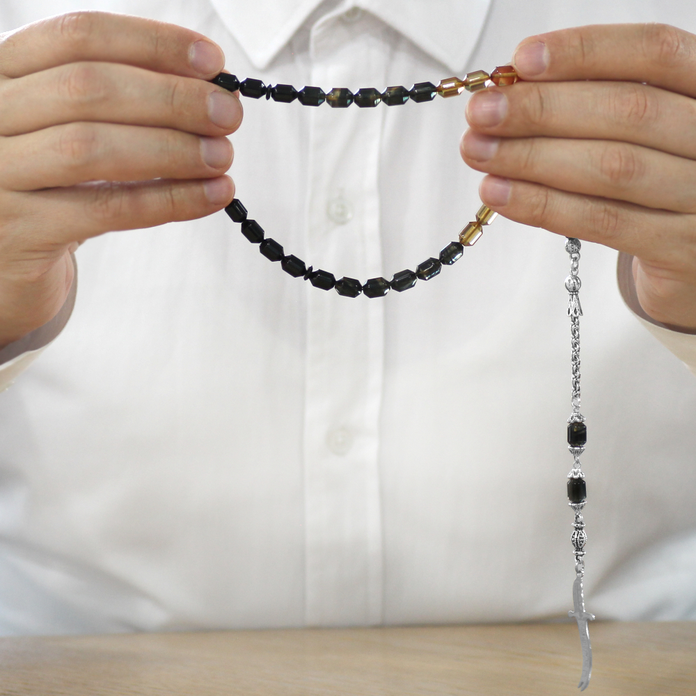 Kararmaz Metal Püskül Elmas Kesim İsim Yazılı Zülfikar Plaka Süzme Siyah Beyaz Ateş Kehribar Tesbih - 3