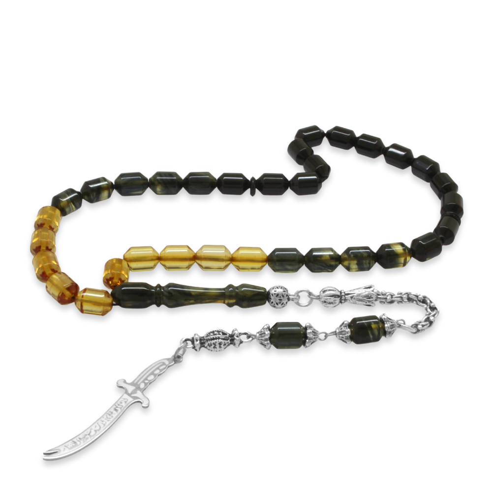 Kararmaz Metal Püskül Elmas Kesim İsim Yazılı Zülfikar Plaka Süzme Siyah Beyaz Ateş Kehribar Tesbih - 5