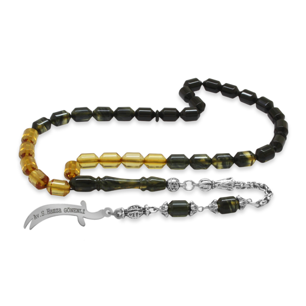 Kararmaz Metal Püskül Elmas Kesim İsim Yazılı Zülfikar Plaka Süzme Siyah Beyaz Ateş Kehribar Tesbih - 6