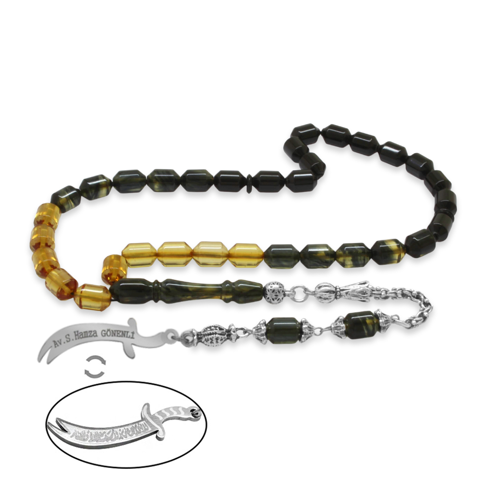 Kararmaz Metal Püskül Elmas Kesim İsim Yazılı Zülfikar Plaka Süzme Siyah Beyaz Ateş Kehribar Tesbih - 4