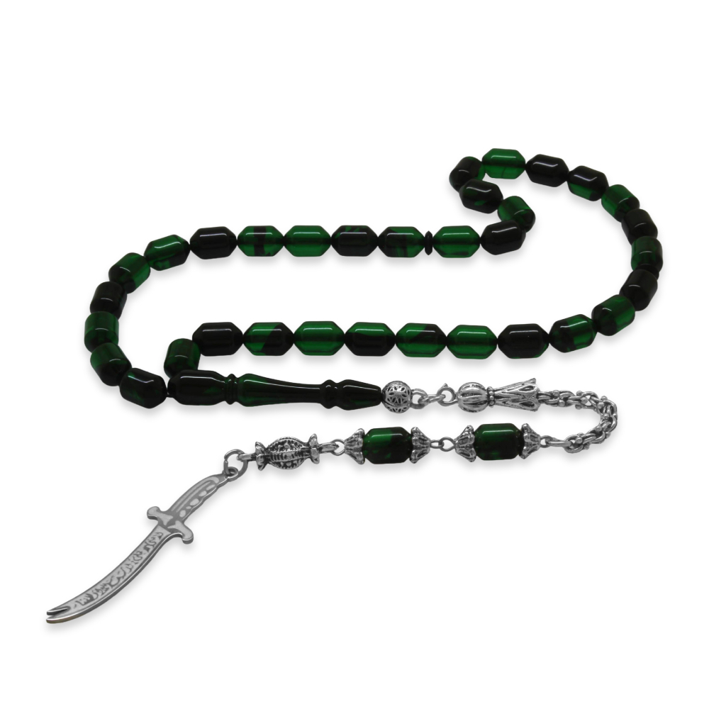 Kararmaz Metal Püsküllü Elmas Kesim İsim Yazılı Zülfikar Plakalı Yeşil Siyah Ateş Kehribar Tesbih - 2