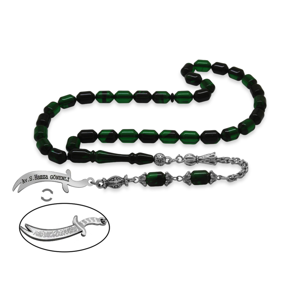 Kararmaz Metal Püsküllü Elmas Kesim İsim Yazılı Zülfikar Plakalı Yeşil Siyah Ateş Kehribar Tesbih - 1