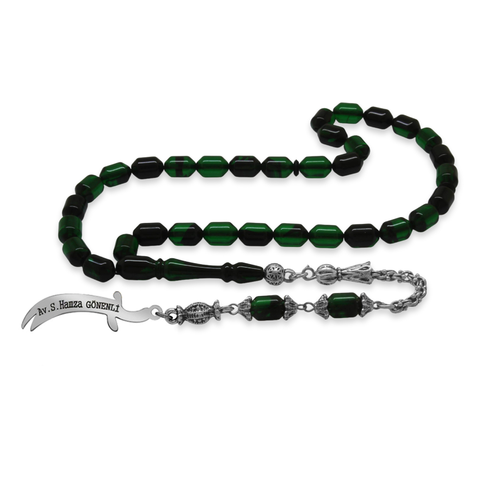 Kararmaz Metal Püsküllü Elmas Kesim İsim Yazılı Zülfikar Plakalı Yeşil Siyah Ateş Kehribar Tesbih - 3