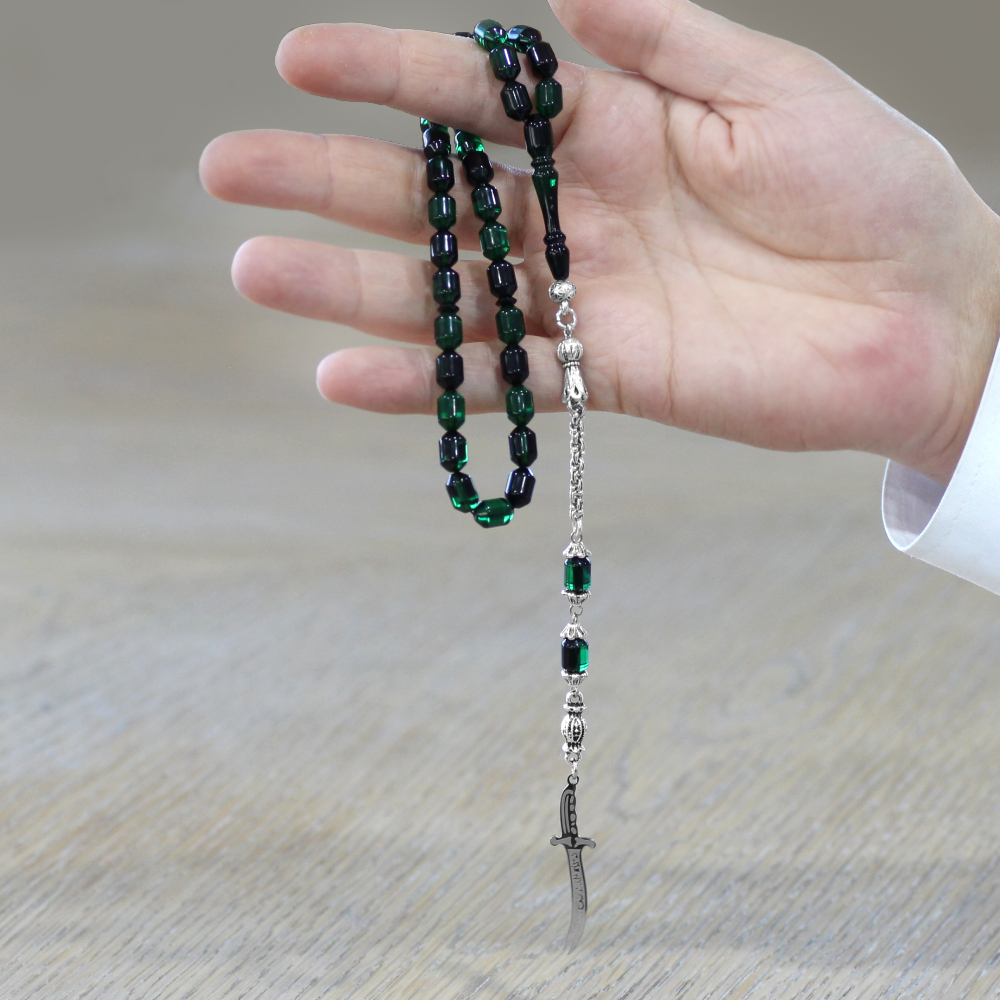 Kararmaz Metal Püsküllü Elmas Kesim İsim Yazılı Zülfikar Plakalı Yeşil Siyah Ateş Kehribar Tesbih - 4