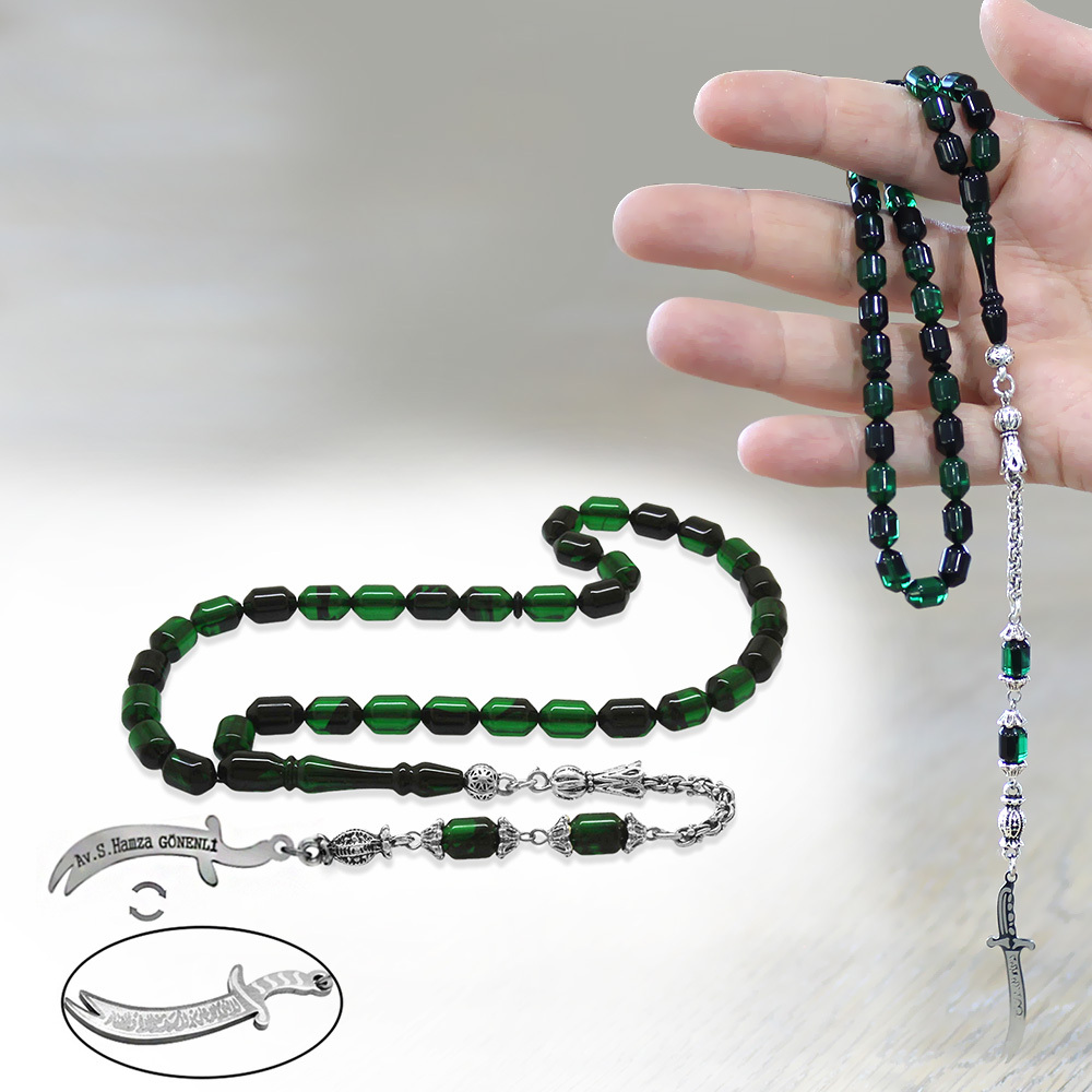 Kararmaz Metal Püsküllü Elmas Kesim İsim Yazılı Zülfikar Plakalı Yeşil Siyah Ateş Kehribar Tesbih - 1