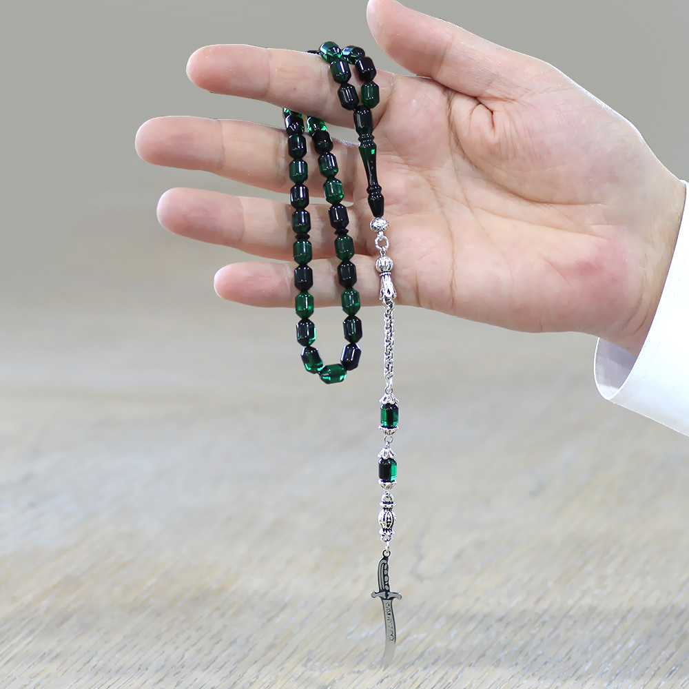 Kararmaz Metal Püsküllü Elmas Kesim İsim Yazılı Zülfikar Plakalı Yeşil Siyah Ateş Kehribar Tesbih - 2