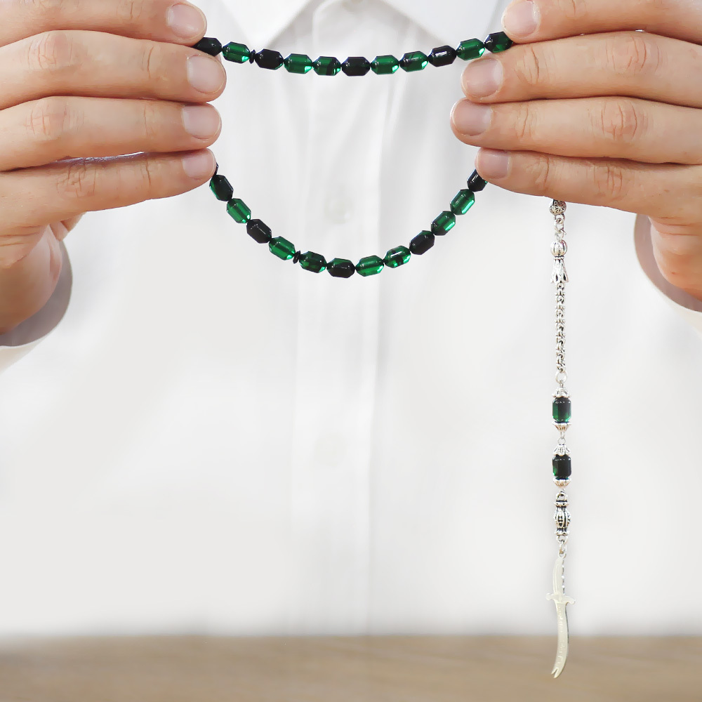 Kararmaz Metal Püsküllü Elmas Kesim İsim Yazılı Zülfikar Plakalı Yeşil Siyah Ateş Kehribar Tesbih - 3