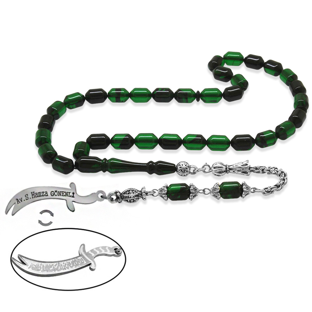 Kararmaz Metal Püsküllü Elmas Kesim İsim Yazılı Zülfikar Plakalı Yeşil Siyah Ateş Kehribar Tesbih - 4