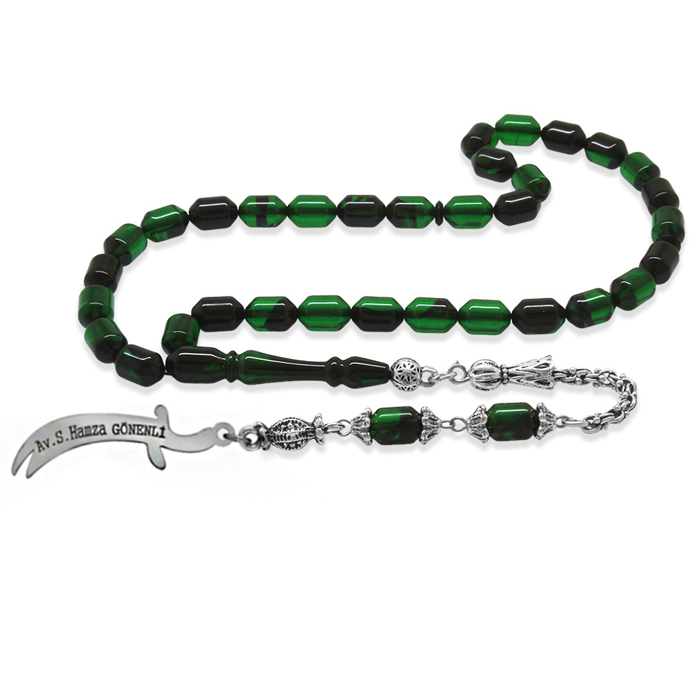 Kararmaz Metal Püsküllü Elmas Kesim İsim Yazılı Zülfikar Plakalı Yeşil Siyah Ateş Kehribar Tesbih - 5