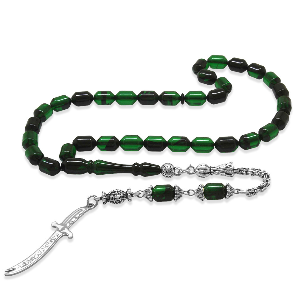 Kararmaz Metal Püsküllü Elmas Kesim İsim Yazılı Zülfikar Plakalı Yeşil Siyah Ateş Kehribar Tesbih - 6