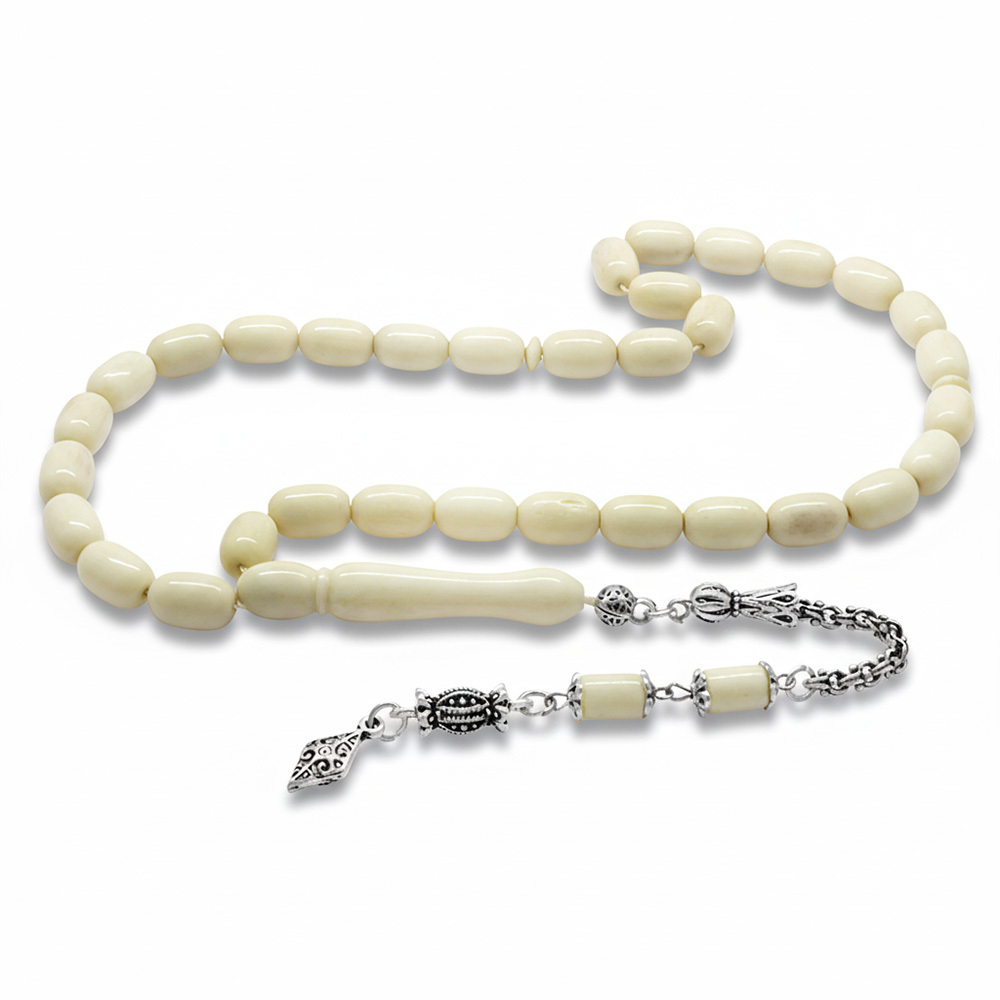 Kararmaz Metal Arnavut Zincir Püsküllü Tombul Kapsül Kesim Naturel Renk Deve Kemiği Tesbih - 4